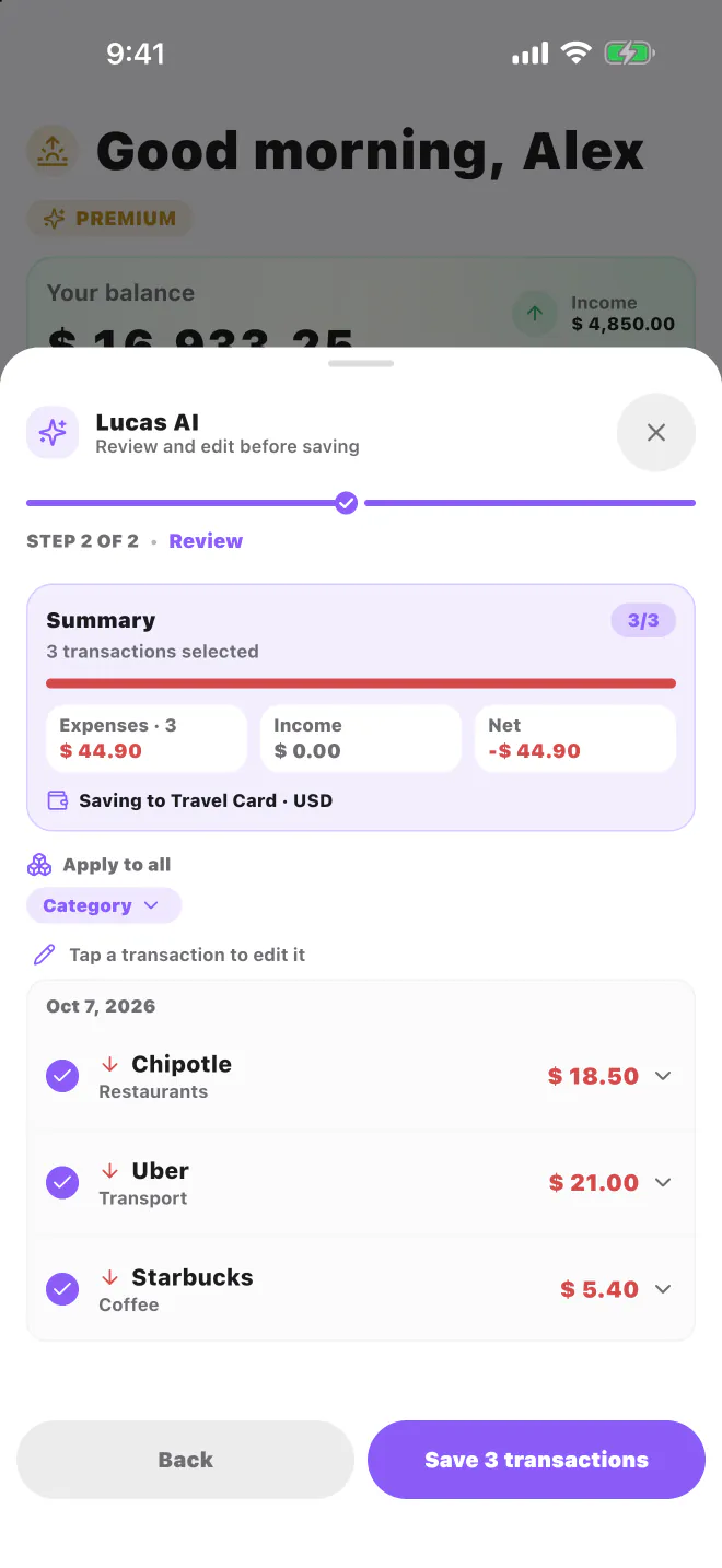 Lucas AI review screen with three transactions ready to save
