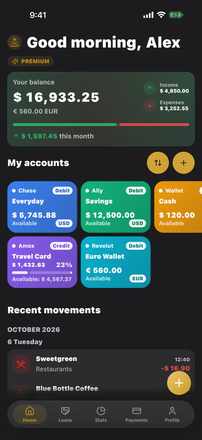 LucasApp home screen with total balance, accounts and recent activity