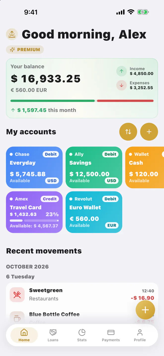 LucasApp home screen with total balance, accounts and recent activity