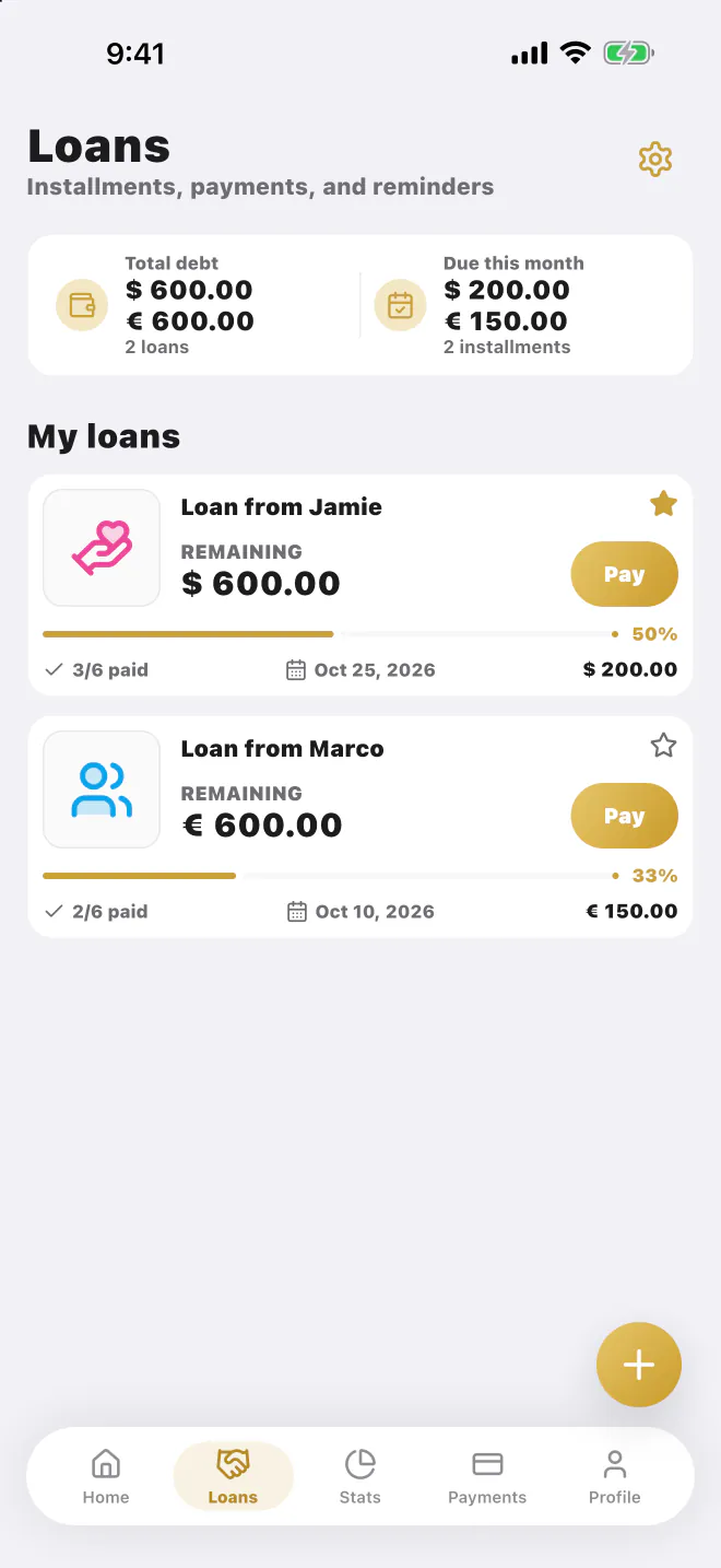LucasApp loans with total debt, installments due this month and each loan's progress
