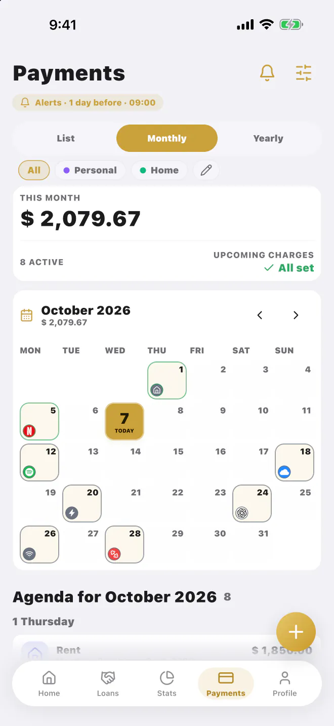 LucasApp payments calendar with this month's subscriptions and bills