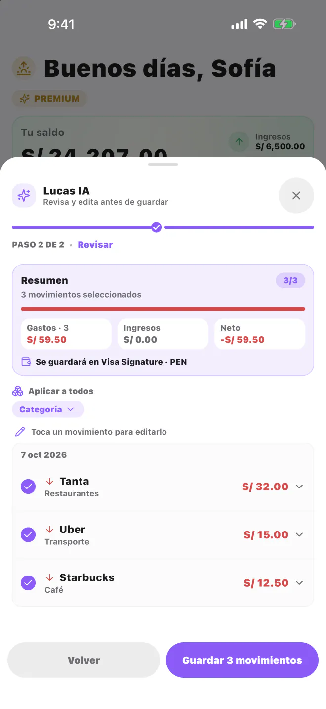 Revisión de Lucas IA con tres movimientos listos para guardar