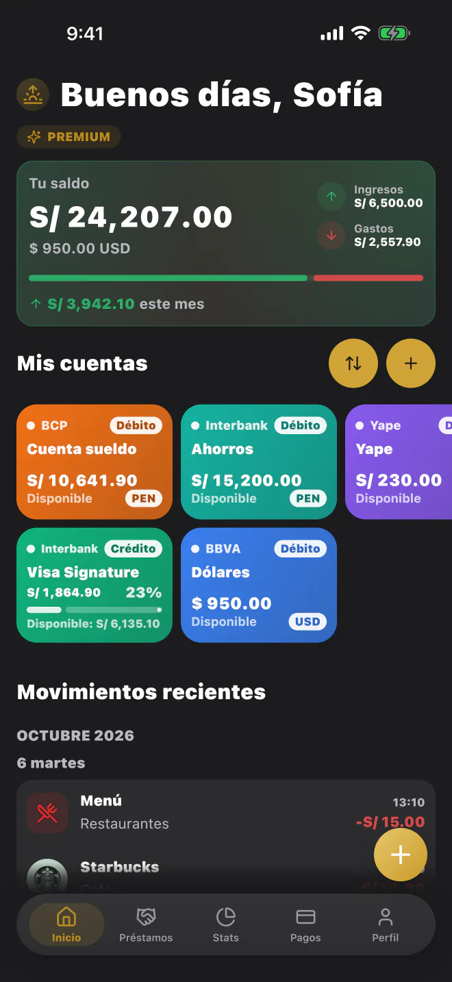 Pantalla de inicio de LucasApp con saldo total, cuentas y movimientos recientes