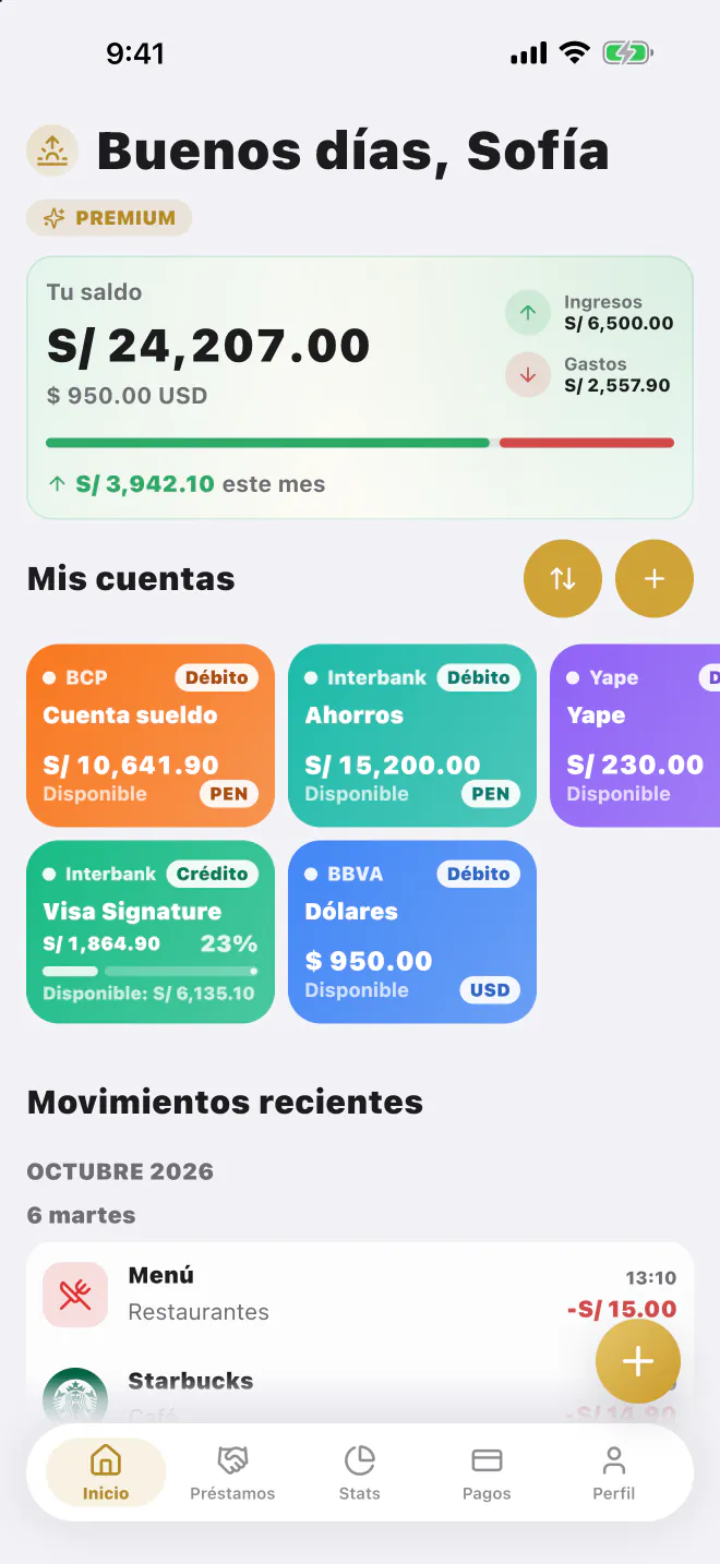 Pantalla de inicio de LucasApp con saldo total, cuentas y movimientos recientes