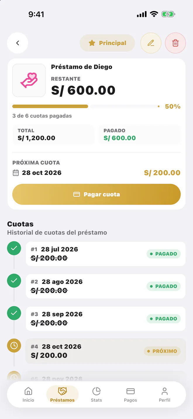 Detalle de préstamo en LucasApp con próxima cuota, botón Pagar cuota e historial de cuotas pagadas