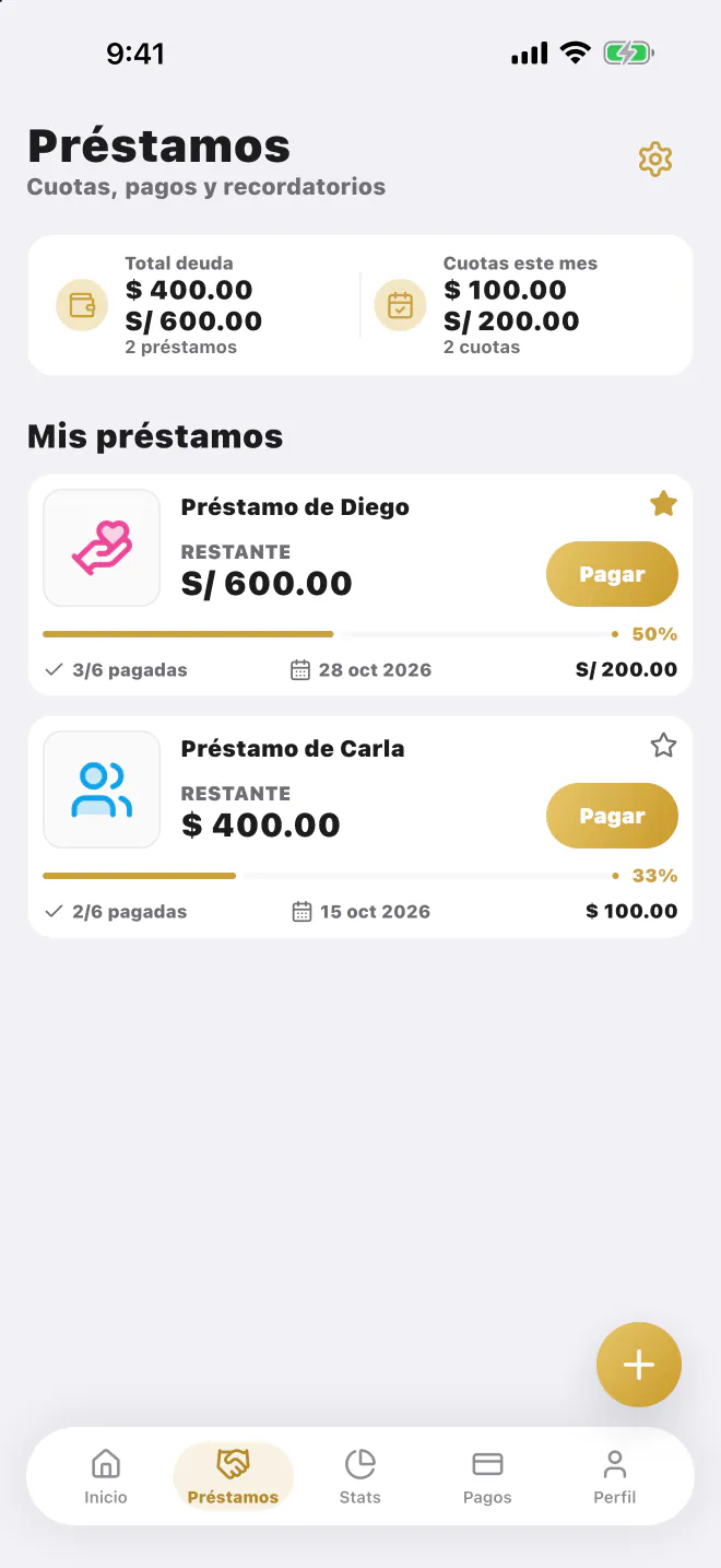 Préstamos en LucasApp con deuda total, cuotas del mes y el progreso de cada préstamo