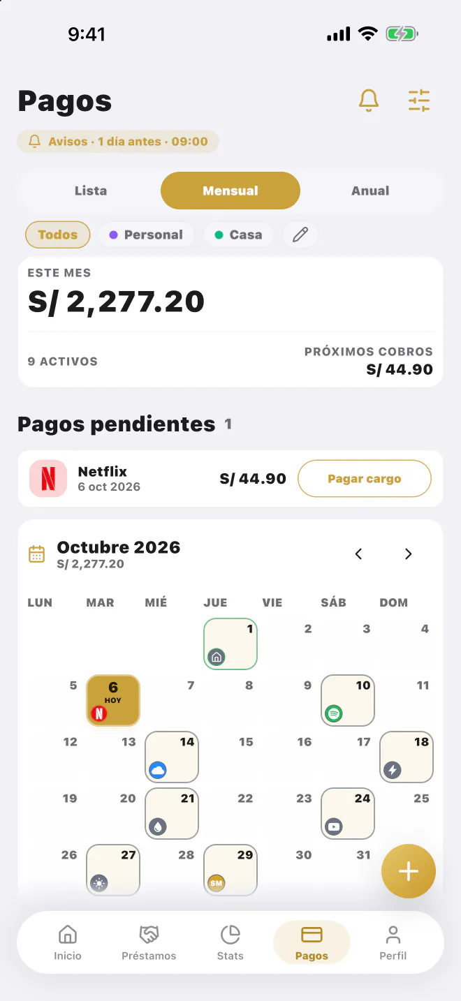 Calendario de pagos de LucasApp con suscripciones y servicios del mes