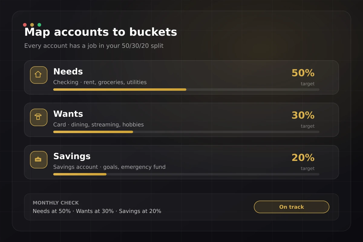 Three budget buckets — needs, wants, and savings — each mapped to an account with a target percentage bar