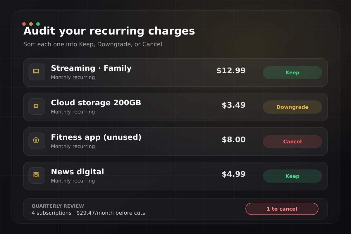 A list of recurring charges, each marked with a keep, downgrade, or cancel verdict